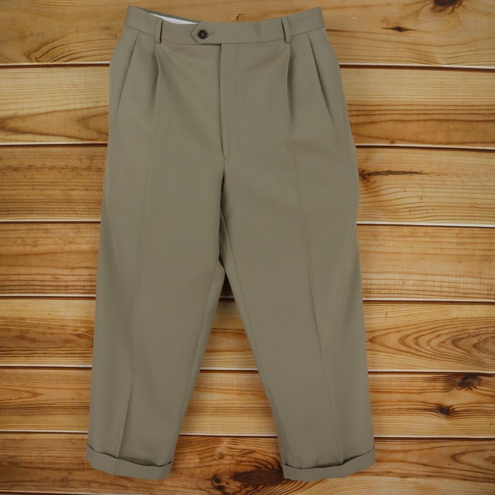 Joseph Feiss Dress Pants Mens Sz 34 Brown 100% Wool Cuffed Pockets Pleated Front
